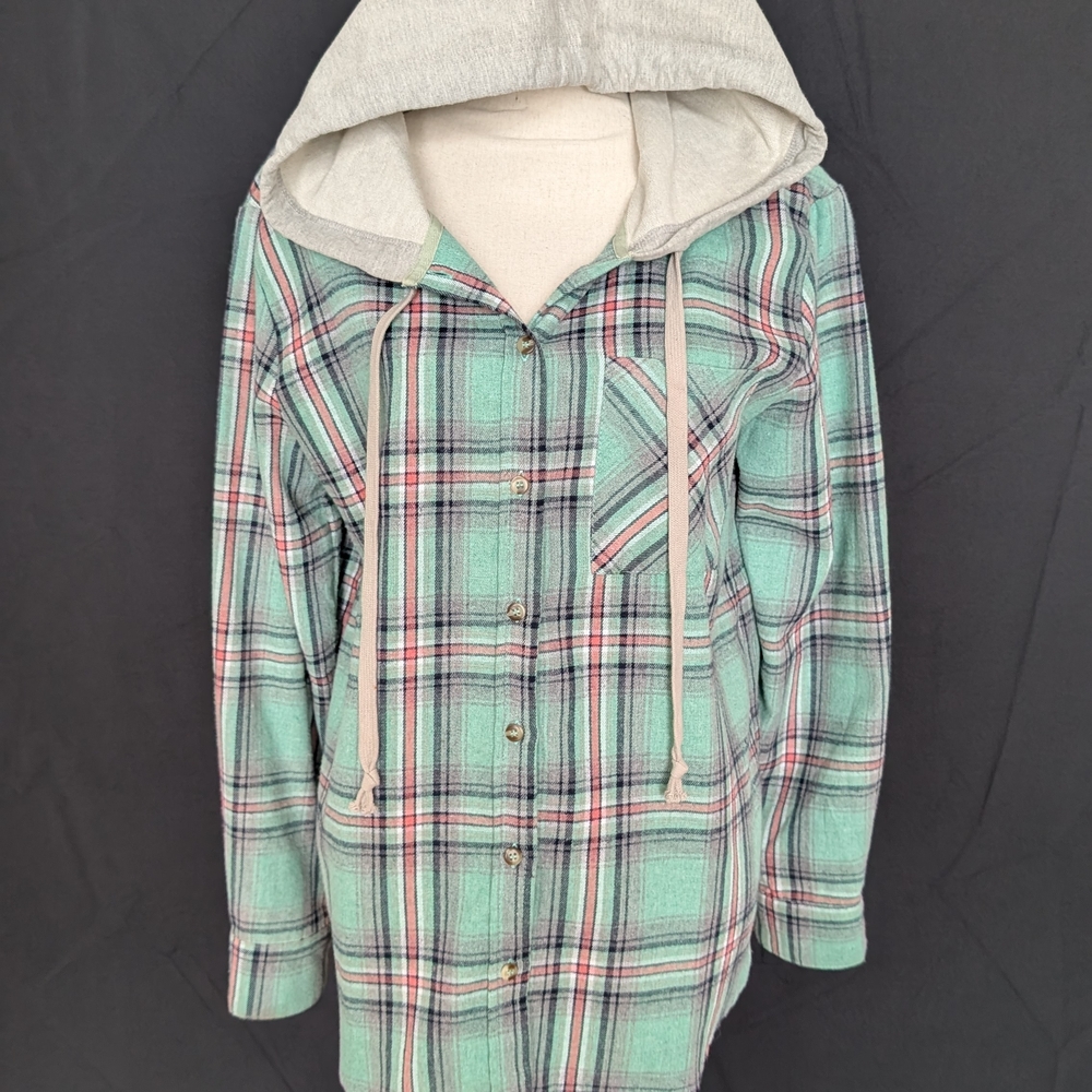 Hem & Thread Mint Plaid Hooded Button-Up Jacket
